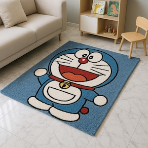 Handgemaakt Doraemon-tapijt voor kinderen | Wollen vloerkleed stripfiguur | Getuft Doraemon kinderkamerkleed | Leuk blauw anime-tapijt | Speelkamer- of slaapkamerdecoratie.
