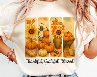 Fall Sunflowers & Pumpkins PNG: Thankful Grateful Blessed Design (Digital Download)