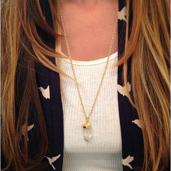 Gold Dipped Clear Quartz Crystal Necklace