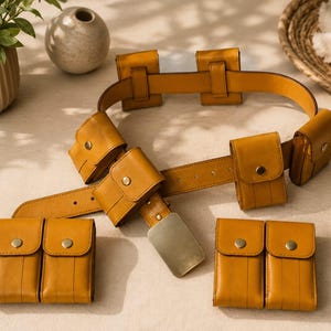 May include: A mustard yellow utility belt featuring multiple detachable pouches with brass-coloured snap closures and a rectangular metal buckle. The belt is constructed with several loops and modular compartments for storage, showcasing a smooth finish.