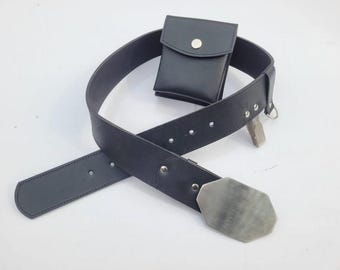 Handmade Black Synthetic Leather Utility Belt | Hex Buckle, Pouch, Saber Clip