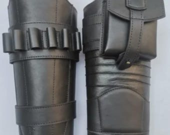 Accesorio para disfraz de cosplay: Armadura de pierna de cuero negro inspirada en Mandalorian / Porta municiones y bolsa utilitaria