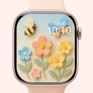 Quadrante dell'orologio floreale in carta tagliata 3D - Sfondo con fiori pastello per Apple Watch, download digitale di graziose margherite primaverili e farfalle