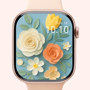 Quadrante dell'orologio floreale in carta tagliata 3D - Sfondo con fiori pastello per Apple Watch, download digitale di graziose margherite primaverili e farfalle