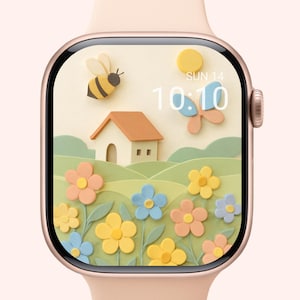 Quadrante dell'orologio floreale in carta tagliata 3D - Sfondo con fiori pastello per Apple Watch, download digitale di graziose margherite primaverili e farfalle