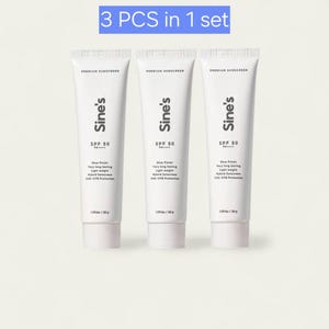 May include: Three white tubes of Sine's SPF 50 sunscreen are displayed. Each tube has the brand name, SPF level, and product details printed in black. The text "3 PCS in 1 set" is in a blue rectangle above the tubes.