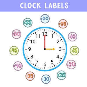 Könnte beinhalten: Ein Zifferblatt mit schwarzen Zahlen von 1 bis 12, einem roten Minutenzeiger mit der Aufschrift Minute und einem gelben Stundenzeiger mit der Aufschrift Hour. Um die Uhr herum sind zwölf runde Etiketten mit Doppelpunkten und Zahlen von :00 bis :55.