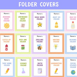 May include: A collection of fifteen rectangular folder covers arranged in three rows, each featuring a striped border, a Name's field, and specific text labels like Morning Work, Unfinished Work, Daily Work, Must Do, May Do, Catch Up, Pick One, Spelling, Writing, Reading, Take Home, Science, Math, Handwriting, and Social Studies, accompanied by corresponding icons.