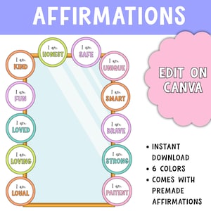 May include: A rectangular mirror frame decorated with circular stickers featuring positive affirmations like I am KIND, I am HONEST, I am SAFE, I am UNIQUE, I am SMART, I am BRAVE, I am LOVED, I am STRONG, I am LOVING, and I am PAITENT. Text includes AFFIRMATIONS and EDIT ON CANVA.