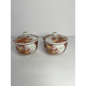 Vintage Japanese Kutani Porcelain Teacups With GoldGilt Lid Signed Quantity 2