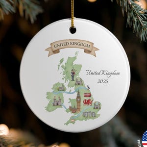 May include: White ceramic Christmas ornament featuring a map of the United Kingdom with illustrations of landmarks. The ornament has a gold string for hanging and includes the text "United Kingdom 2025".