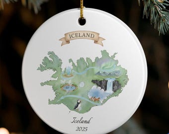 Personalized Iceland Map Christmas Ornament: Custom Iceland Landmark Travel Keepsake Souvenir Gift