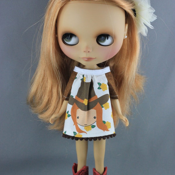 SALE Blythe Smock Style Dress - Blythe Con 2012 Big Cowgirl Yellow Roses with Gingham Sleeves