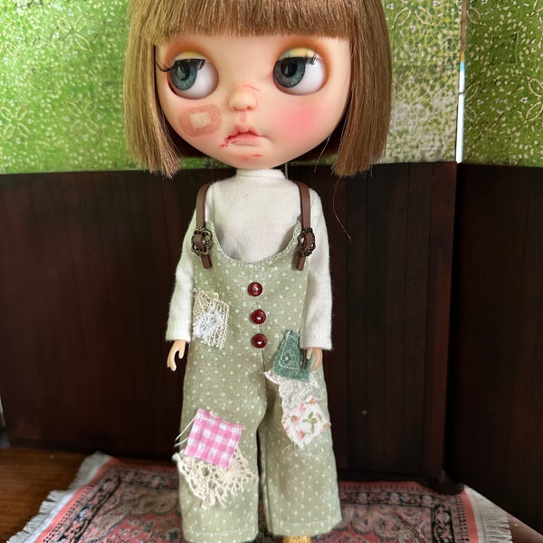 Blythe long Overalls or Jumpers - Olive Spots with patches