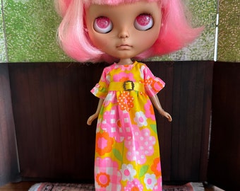 Blythe Long Vintage Style Dress Yelllw Orange and Pink