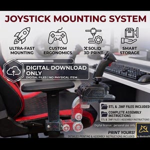 以下が含まれることがあります： ゲーム用椅子のジョイスティックマウントシステム。アームレストに取り付けられたジョイスティックが特徴です。画像には「JOYSTICK MOUNTING SYSTEM」と「DIGITAL DOWNLOAD ONLY」の文字が表示されています。このシステムは、カスタムエルゴノミクス向けに設計されています。