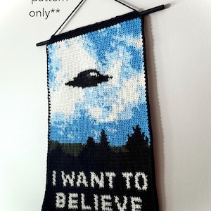 May include: Crocheted wall hanging featuring a UFO over a forest scene with a blue sky. The words "I WANT TO BELIEVE" are displayed in white. The wall hanging is suspended from a black rod.