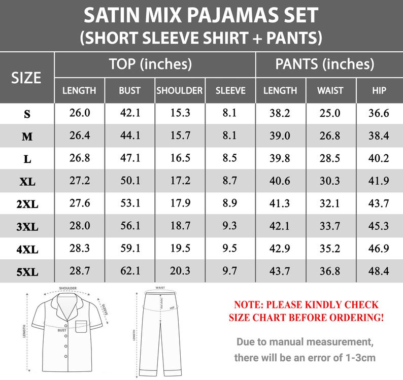 Puede incluir: Tabla de tallas para un conjunto de pijama de mezcla de sat&eacute;n, que incluye una camisa de manga corta y pantalones. La tabla proporciona medidas en cm para tallas de top y pantal&oacute;n de la S a la 5XL. El texto aconseja comprobar la tabla de tallas antes de realizar el pedido.