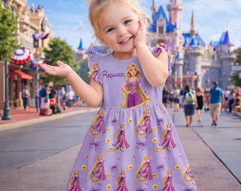 Vestido de niña con volantes inspirado en Rapunzel con nombre personalizado, vestido de princesa de Enredados para niñas pequeñas, vestido morado de cuento de hadas para niñas, conjunto para niña de cumpleaños