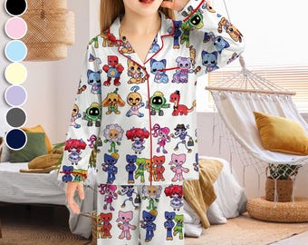 Conjunto de pijama de satén Poppy Playtime – Pijama de terror, pijama Huggy Wuggy adorable, pijama de seda suave estilo anime, regalo para gamers.