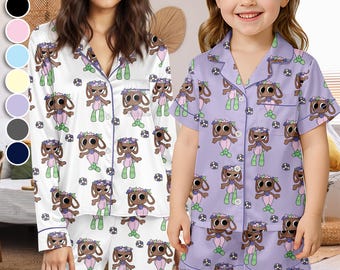Conjunto de pijama de satén Bassie Dandy’s World para niños, pijama adorable con dibujos animados de videojuegos para niños y adultos, regalo para fans de Dandy's World, regalo de cumpleaños para gamers
