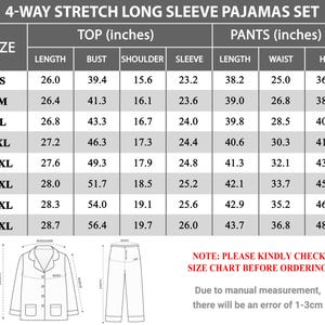Puede incluir: Tabla de tallas para un conjunto de pijama de manga larga el&aacute;stico en 4 direcciones. La tabla incluye medidas en pulgadas para la parte superior y los pantalones, detallando la longitud, el busto, el hombro, la manga, la cintura y las caderas de la S a la 5XL.