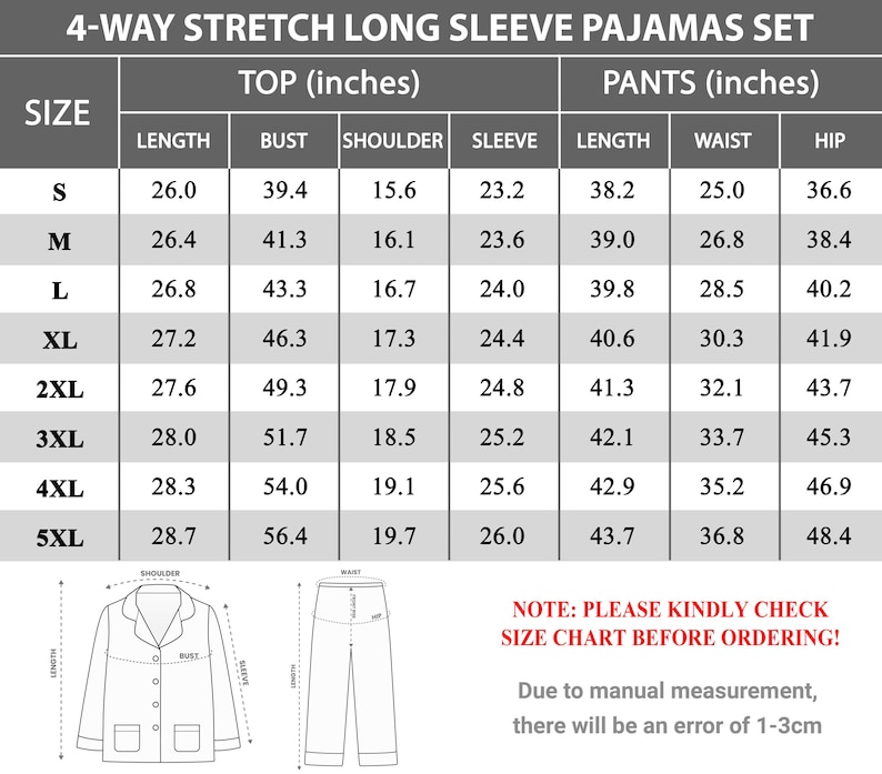 Puede incluir: Tabla de tallas para un conjunto de pijama de manga larga el&aacute;stico en 4 direcciones. La tabla incluye medidas en pulgadas para la parte superior y los pantalones, detallando la longitud, el busto, el hombro, la manga, la cintura y las caderas de la S a la 5XL.