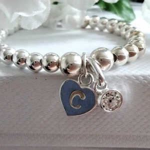 Sterling Silver 925 Bead Stretch Stacking Bracelet With Hand Stamped Heart Initial Birthstone Charm  Personalised March April May