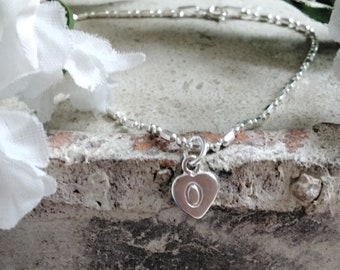Sterling Silver 925 Bead Noodle Chain Bracelet With Hand Stamped Initial Heart Charm - Personalised