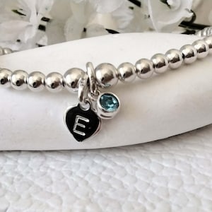 Sterling Silver 925 Bead Stretch Stacking Bracelet Hand Stamped Heart Initial Birthstone Charm  Personalised