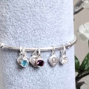 Sterling Silver 925 Tube Bead Stretch Stacking Bracelet With Hand Stamped Heart Initial Birthstone Charm Personalised