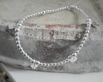 Sterling Silver 925 Bead Stretch Stacking Bracelet With Hand Stamped Initial Heart Charms - Personalised