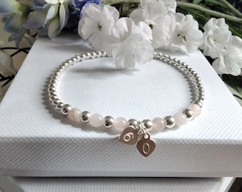 Sterling Silver 925 Rose Quartz Bead Hand Stamped 60 Heart Charms Stretch Stacking Layer Bracelet