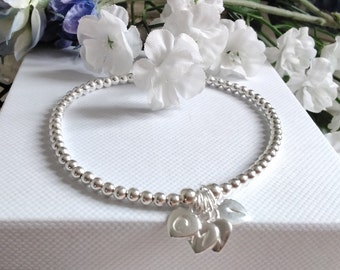 Sterling Silver 925 Bead Stretch Stacking Bracelet Hand Stamped Initial Heart Charm Personalised