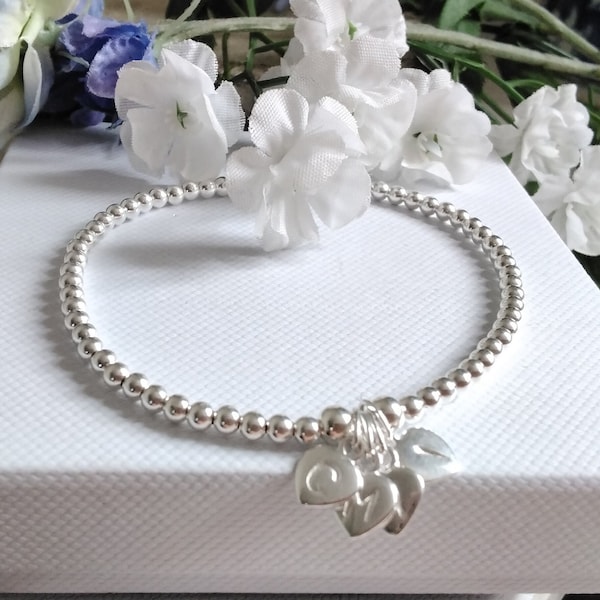 Sterling Silver 925 Bead Stretch Stacking Bracelet With Hand Stamped Initial Heart Charm - Personalised