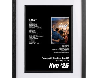 Lista de canciones personalizada del concierto de Oasis, lugar y fecha personalizados.