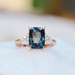Blue Sapphire Engagement Ring – Cushion Cut Gemstone with Diamond Side Accents – Rose Gold | 10K 14K 18K | Bridal Anniversary Gift&quot;