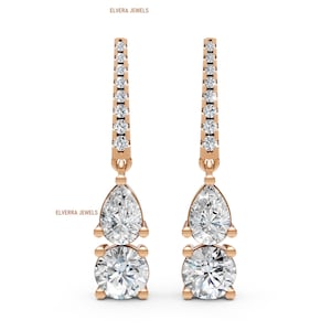Pear and Round Diamond Drop Earrings in Gold