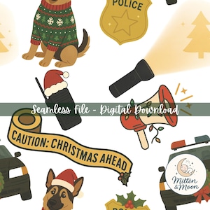 May include: A digital seamless pattern featuring Christmas-themed police elements. Includes a German Shepherd dog in a sweater, police badge, megaphone, flashlight, police car, and caution tape that reads "CAUTION: CHRISTMAS AHEAD."