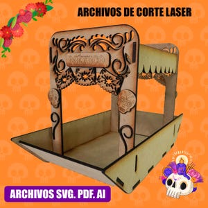 Puede incluir: Pieza decorativa de madera cortada con láser con la palabra "MÉXICO" y diseños de calaveras del Día de Muertos. La pieza es una bandeja con una parte superior arqueada y el texto "ARCHIVOS DE CORTE LASER" y "ARCHIVOS SVG. PDF. AI".