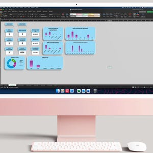 May include: A desktop computer with a pink stand and a white keyboard and mouse. The screen displays a spreadsheet with data visualizations, including bar graphs and pie charts, in shades of blue and purple. The data appears to be related to applications and job status.