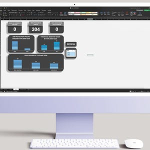 May include: A computer monitor displaying a spreadsheet with data visualizations. The screen shows charts and numerical data, including "Count of Comments," "Total Paid Last 30 Days," and "Total State Hours." A keyboard and mouse are in the foreground.