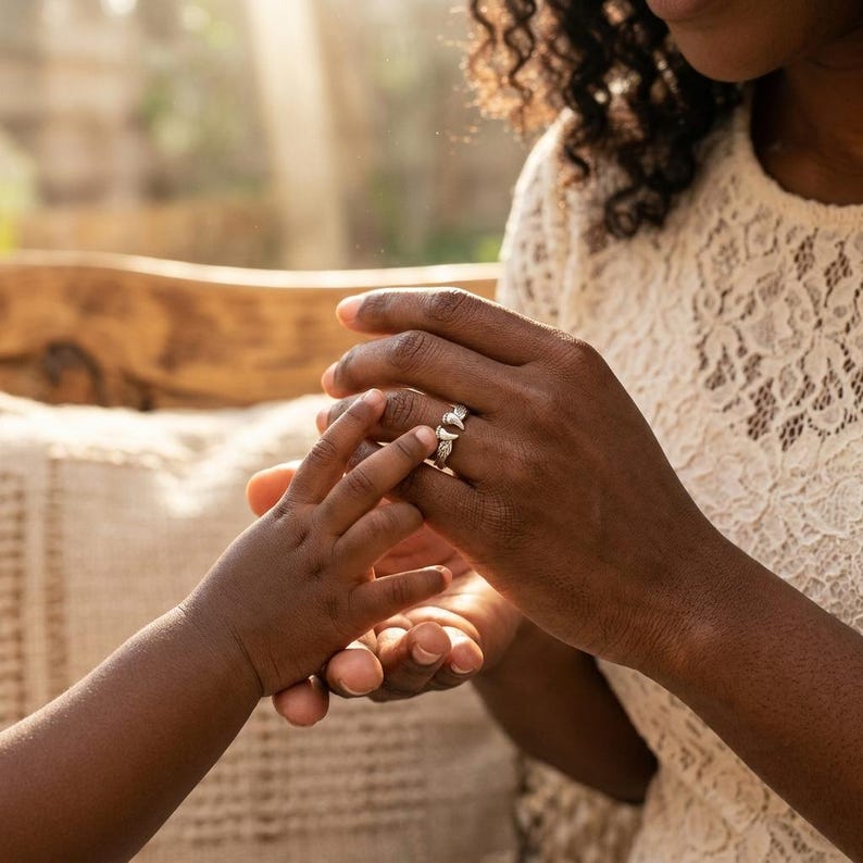 May include: A silver ring with a heart-shaped design and small stones is on a person's finger. Another person's hand is touching the ring. The background is blurred, with sunlight streaming through.