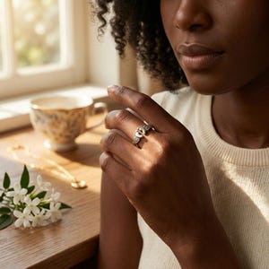 May include: A silver ring featuring a heart design with small wings on either side. The ring is worn on a finger. A gold necklace and a teacup are visible in the background.