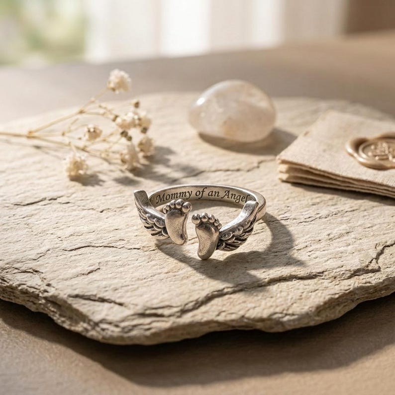 May include: A silver ring with the inscription "Mommy of an Angel." The ring features two baby footprints with angel wings on either side. The ring is displayed on a textured, gray surface.