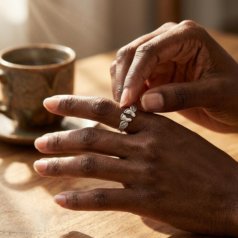 May include: A silver ring featuring a pair of baby footprints with angel wings. The ring is being worn on a finger. The ring is on a wooden surface, with a cup of coffee in the background.