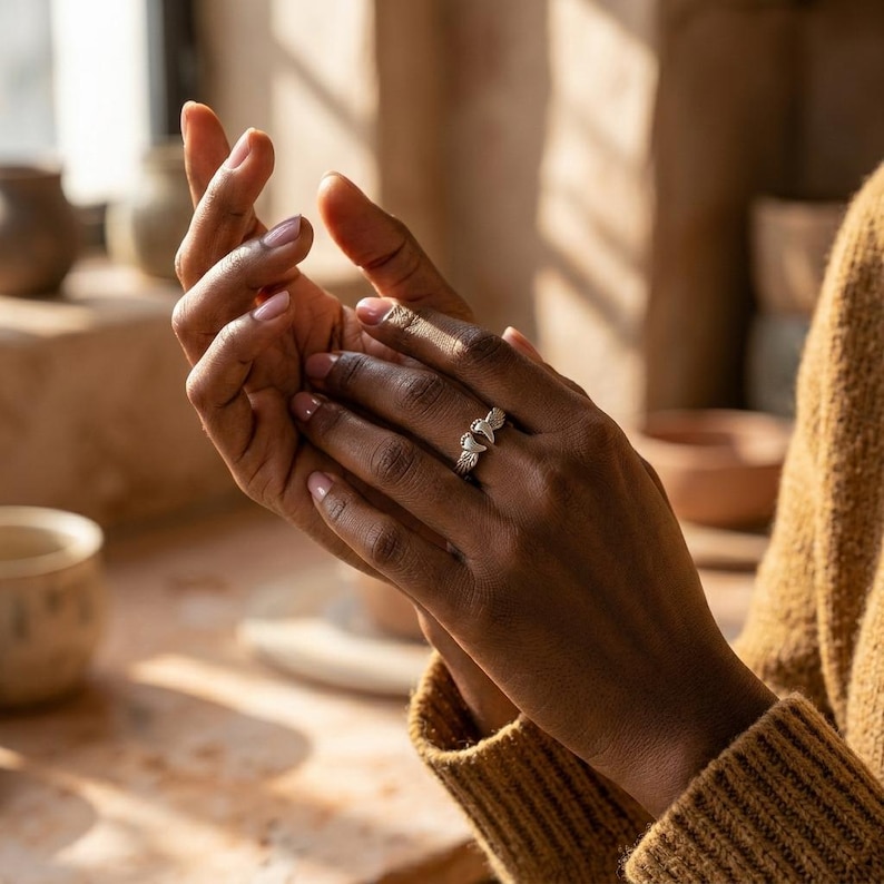 May include: A silver ring with a floral design is worn on a finger. The ring features three flower-shaped elements and small, sparkling details. The hands are positioned in front of a warm, neutral background, with a soft focus.