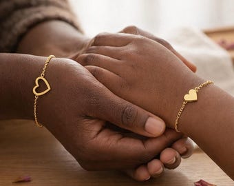 Mother Daughter Heart Bracelet Set, Matching Gold Jewelry