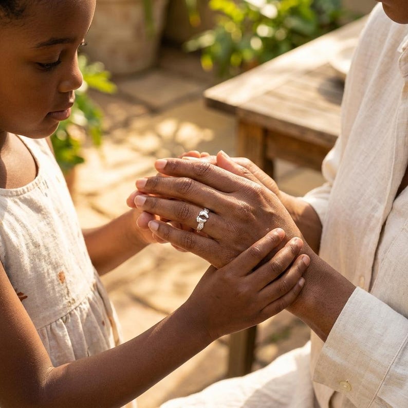 May include: A silver ring with a central oval-shaped stone and intricate detailing. The ring is worn on a person's finger, with another person's hands gently holding the hand with the ring. The background is softly blurred.