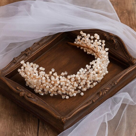 Rose Gold Pearl and Crystal Bridal Headband Rose Gold Freshwater Pearl and Crystal Bridal Headband main image 3